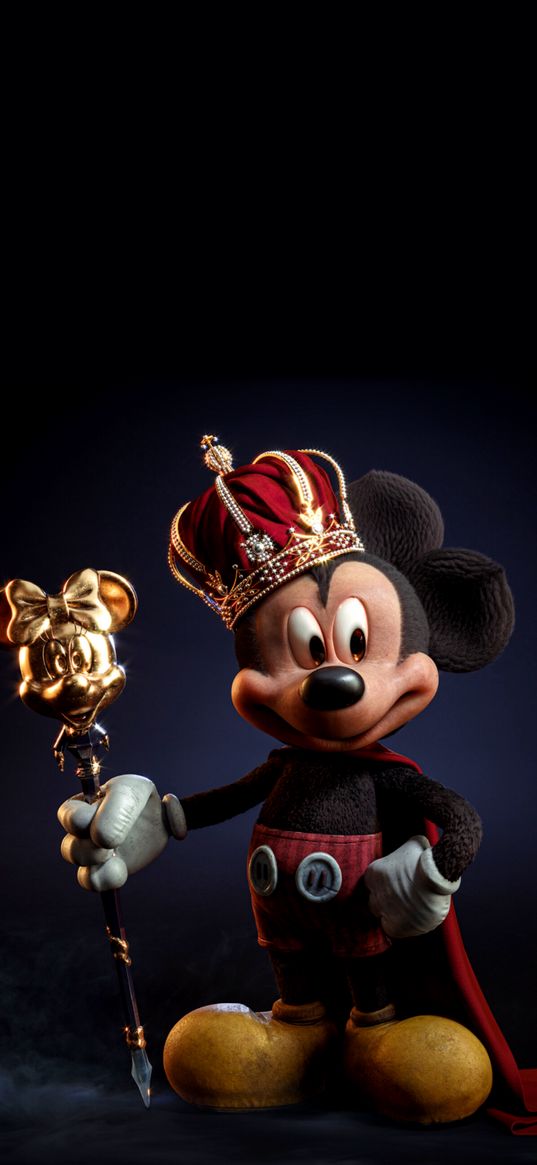 mickey mouse, mouse, disney, cartoon, crown, king, black background, art