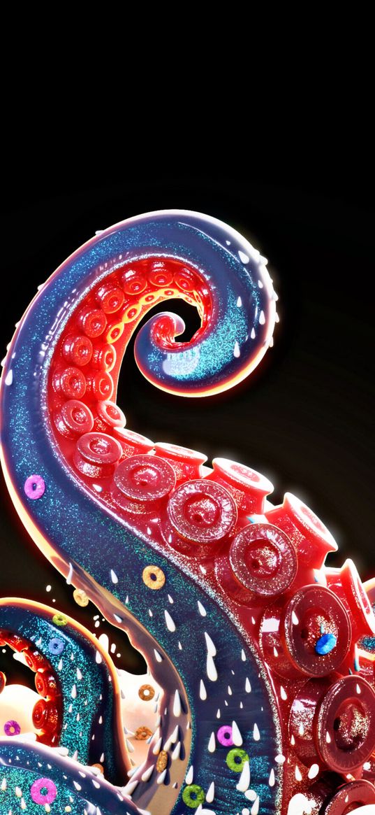 tentacles, octopus, red, blue, black background, art