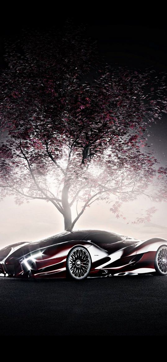 jaguar, auto, red auto, hypercar, tree, light