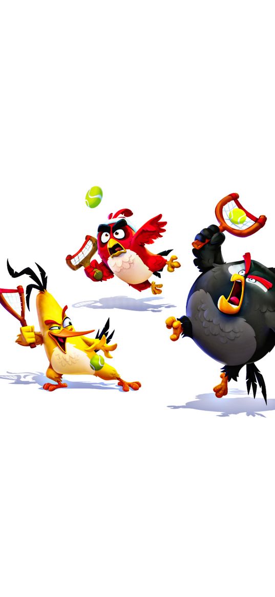 angry birds, cartoon, black, yellow, red, tennis, white background