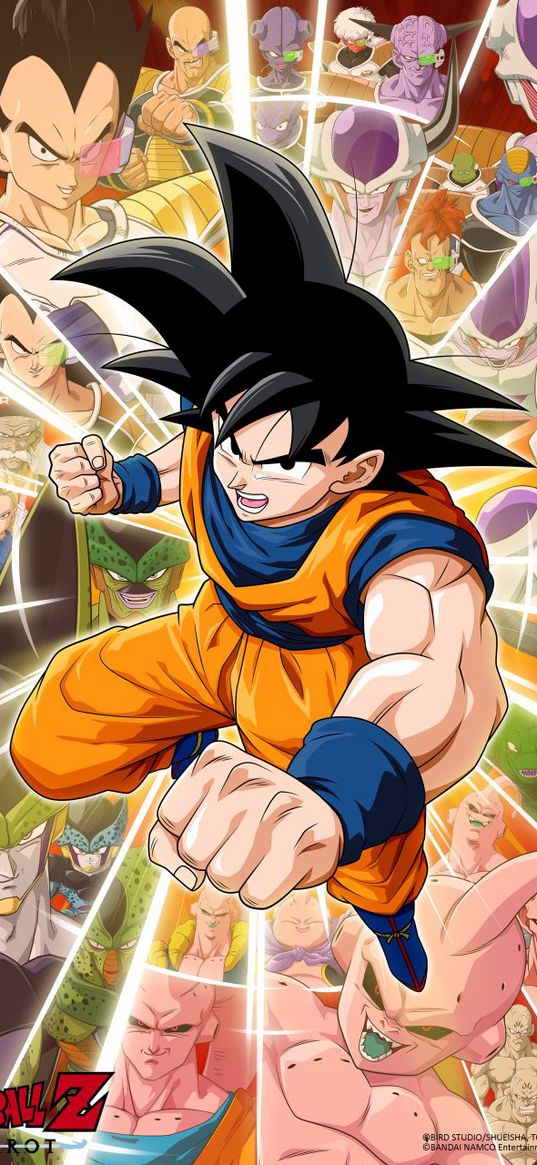 dragon ball, son goku, anime, art, collage, poster