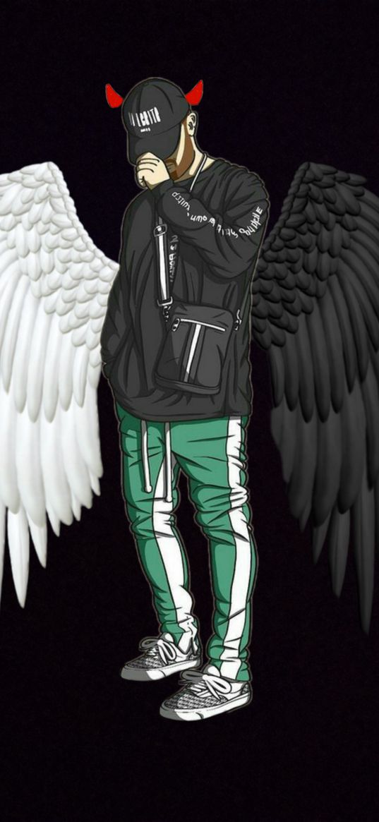 man, wings, angel, demon, cap, art