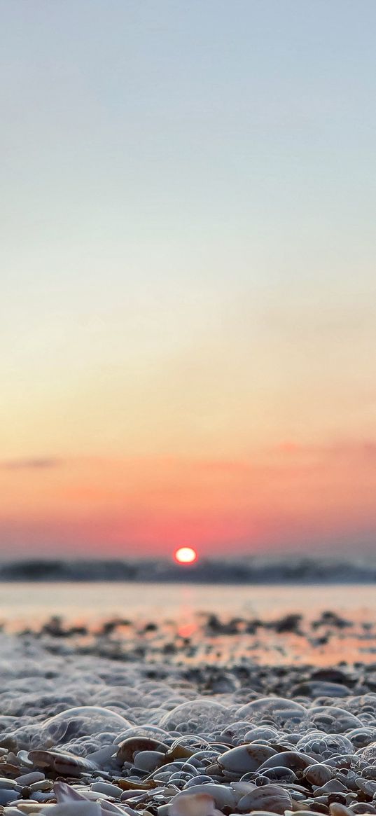 sunset, sea, seashore, bubbles, sun, blue, sky, red