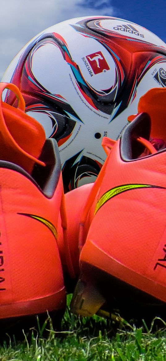 boots, soccer ball, lawn, sky