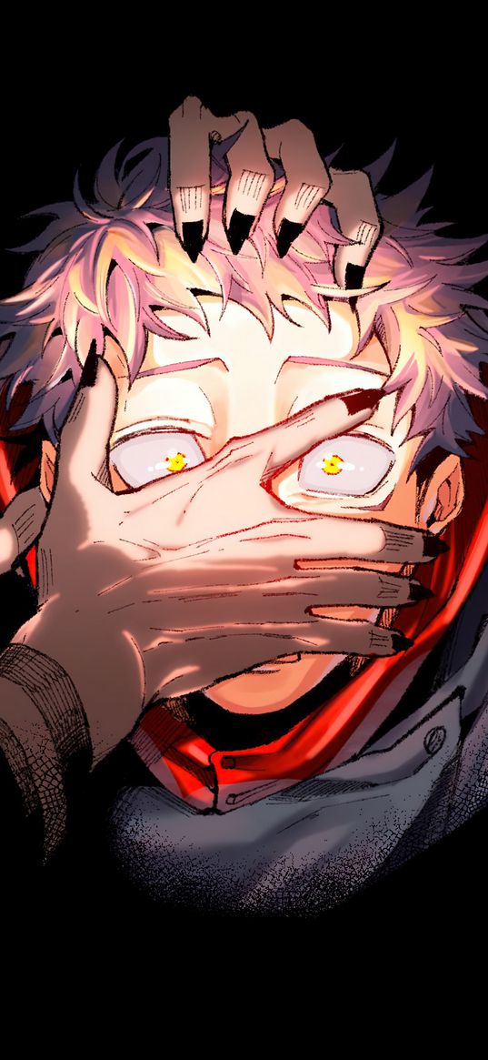 anime, art, itadori, sukuna, jujutsu kaisen, eyes, hands