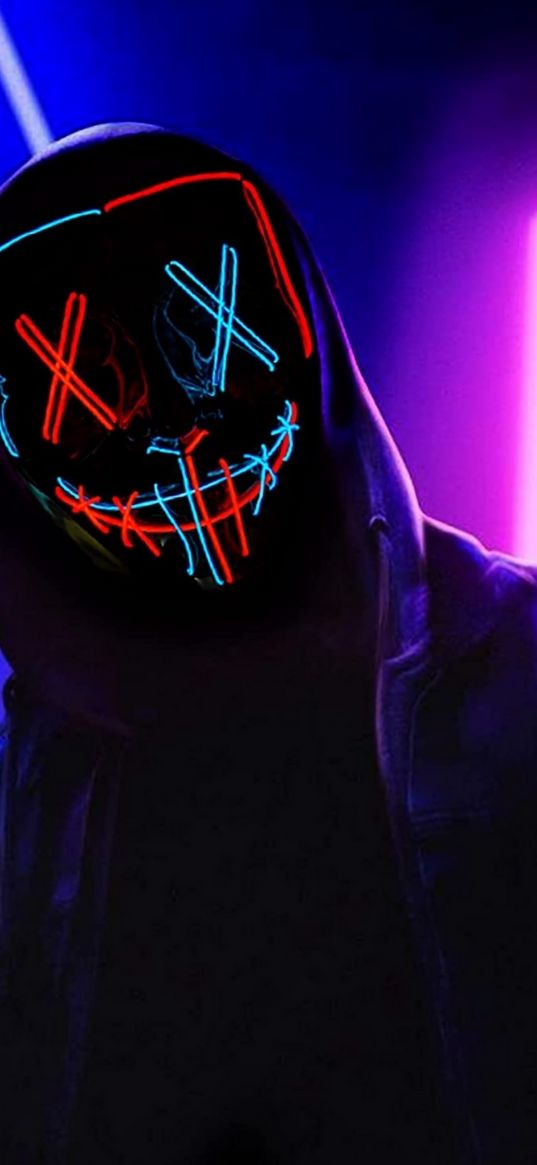 man, mask, neon, hood, anonymous, silhouette, red, blue