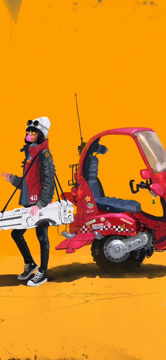 girl, auto, orange background, drawing, art, yellow