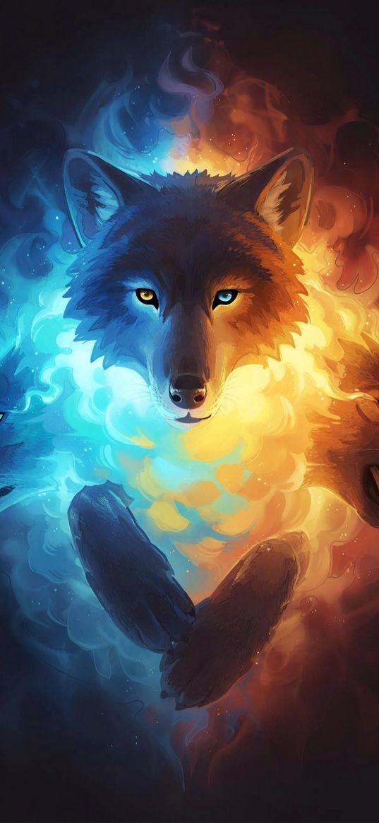 wolf, fire, red, blue, eyes