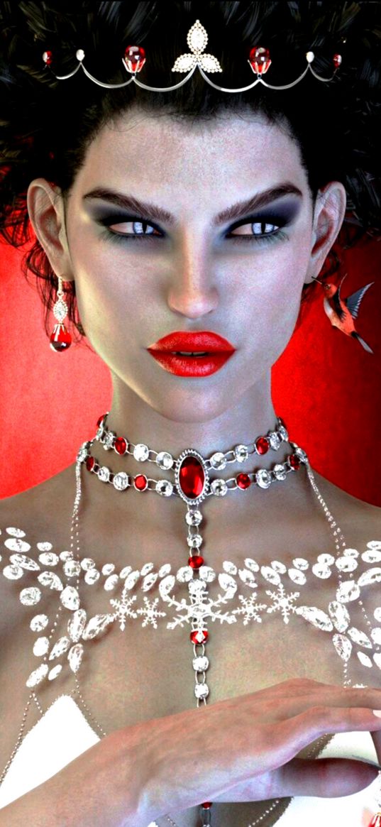 girl, crown, necklace, red lipstick, bird, glance