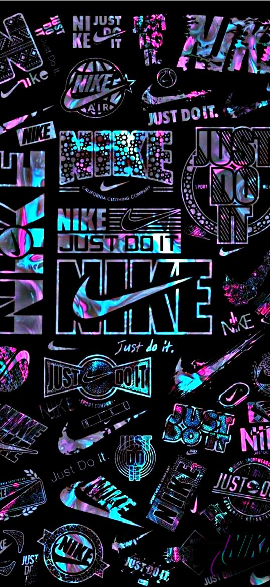 logo, nike, mother of pearl, neon, black background, poster