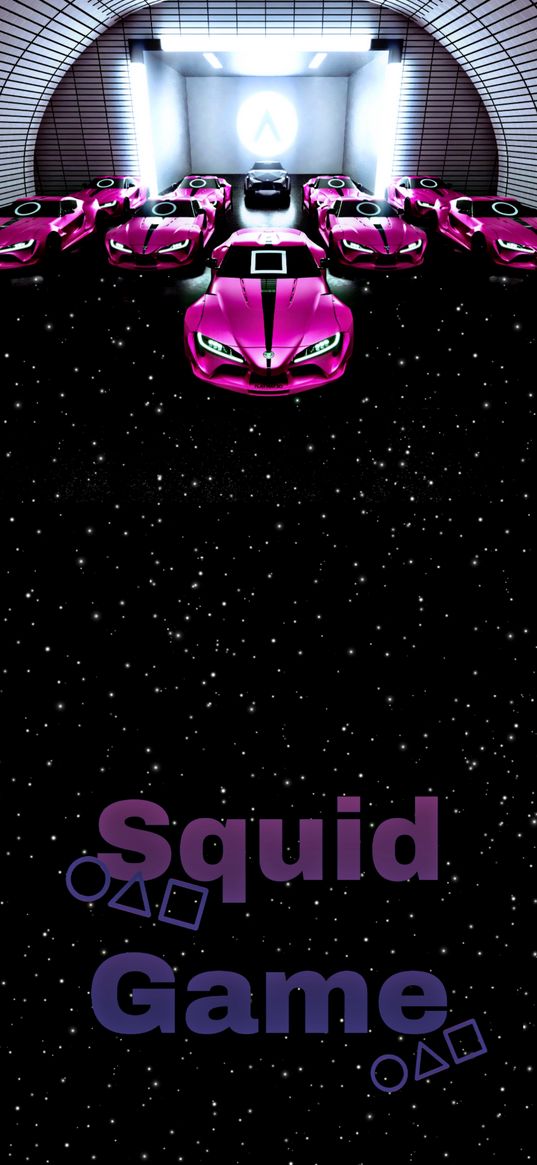 squid game, squid, cars, pink, stars, lettering, digital art