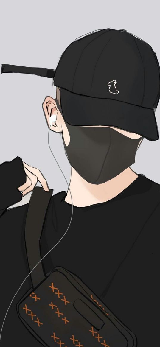 guy, mask, cap, headphones, art