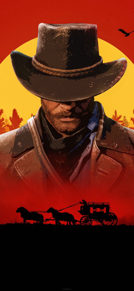 red dead redemption, rdr, video game, cowboy, wagon, sun, sunset