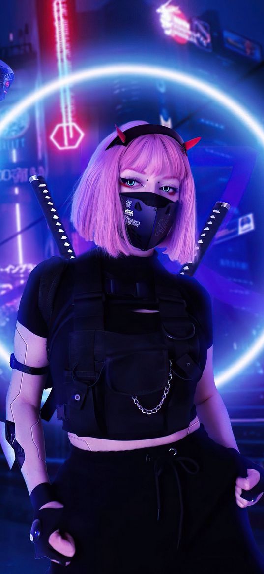 girl, mask, implants, katana, cyberpunk, neon