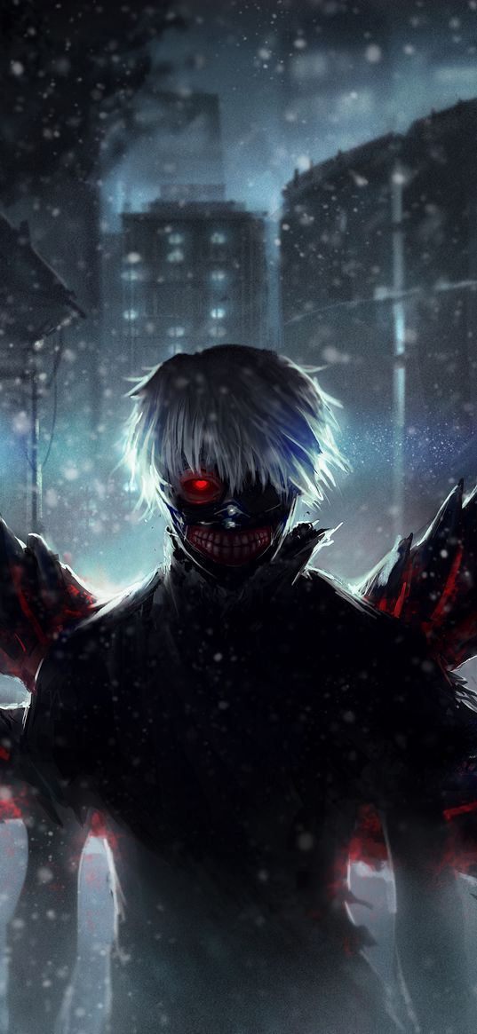 kaneki ken, tokyo ghoul, monster, mask, teeth, snow, anime, art