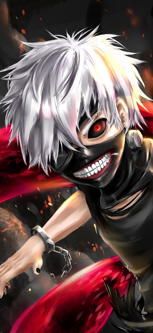 kaneki ken, tokyo ghoul, monster, mask, teeth, chain, anime, art