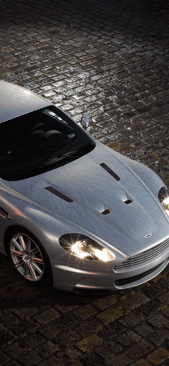 aston martin, dbs, 2008, metallic silver, top view, style, cars, rain