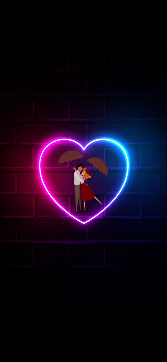 pair, heart, neon, umbrellas, wall, bricks