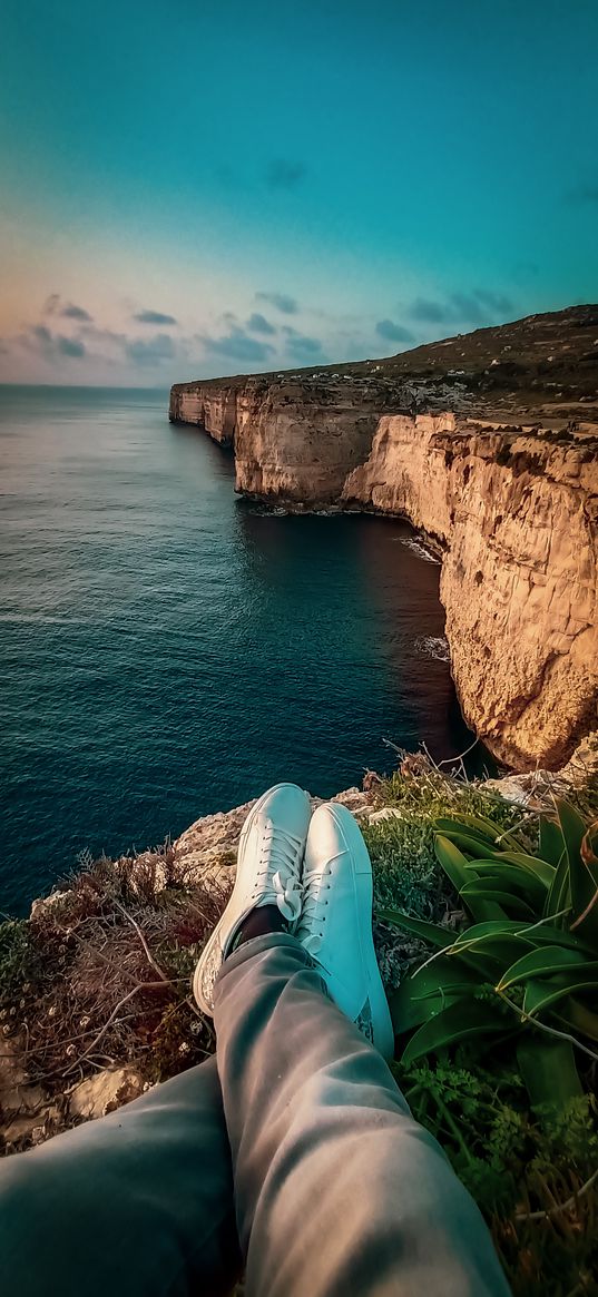 sunset, peace, cliff, sea, nature, landscape, summer