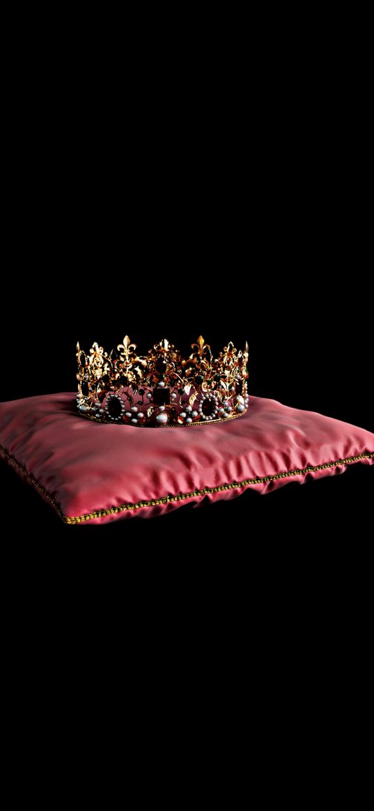 crown, gold, pillow, black background, minimalism