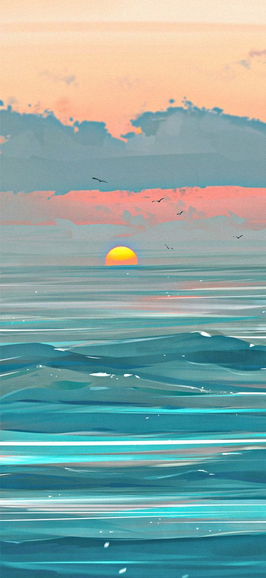 sea, waves, sun, seagulls, landscape, art