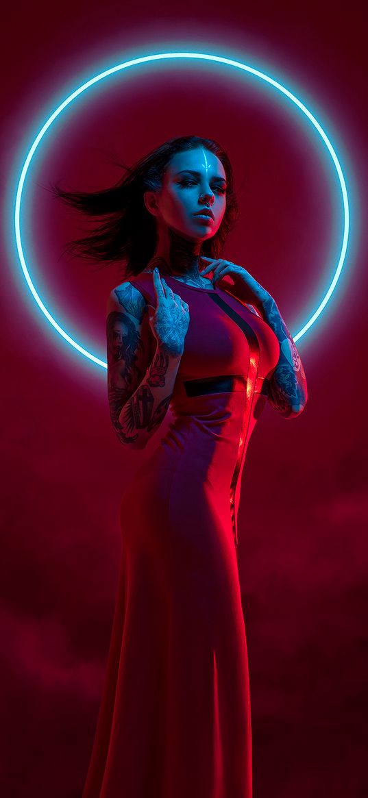 girl, red dress, circle, neon, light, red background, art