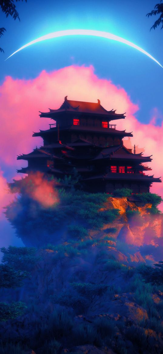 house, pagoda, building, china, village, sky, history, drawing, art