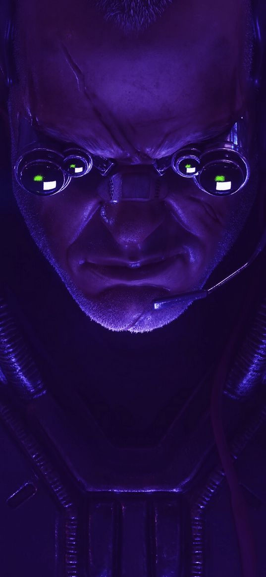 man, face, goggles, microphone, purple, light, cyberpunk