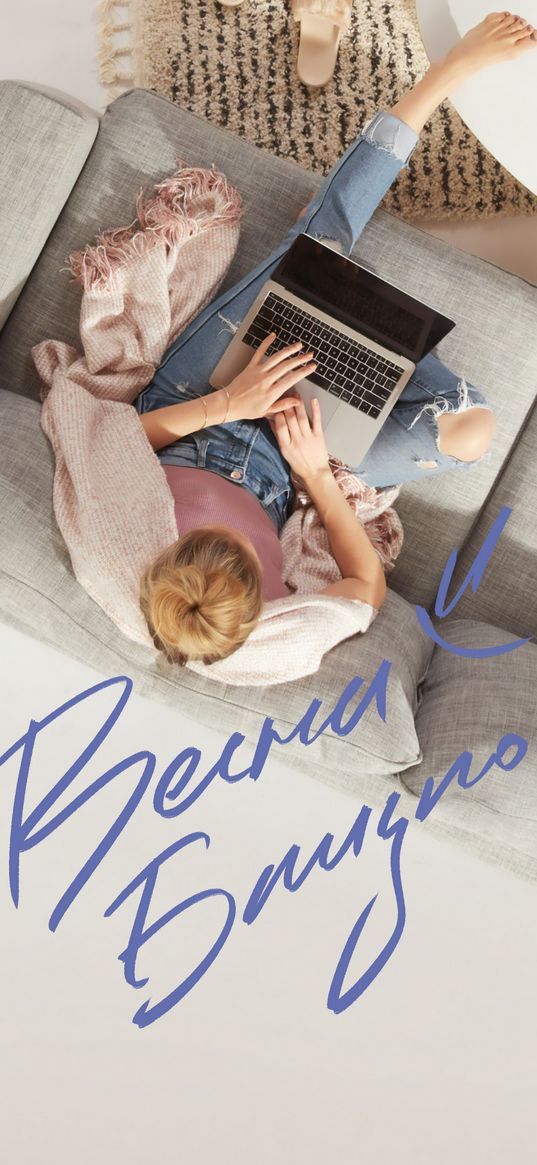 spring, girl, work, laptop, inscription, top view