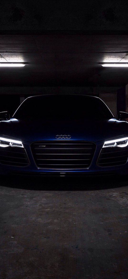 audi, auto, blue auto, garage, lights