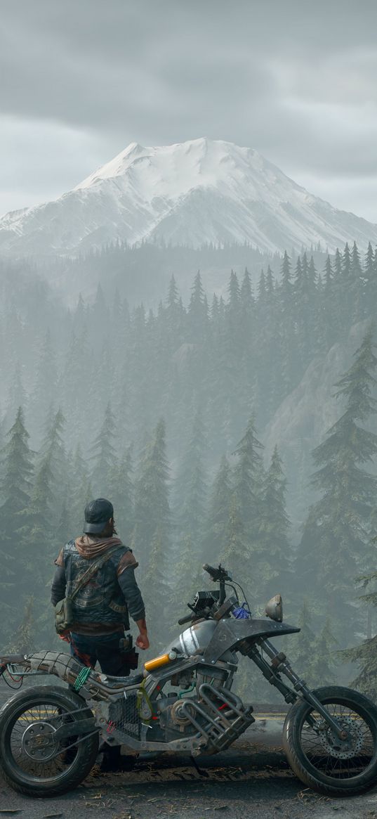 days gone, games, rider, motocycle, moto, forest, mountain