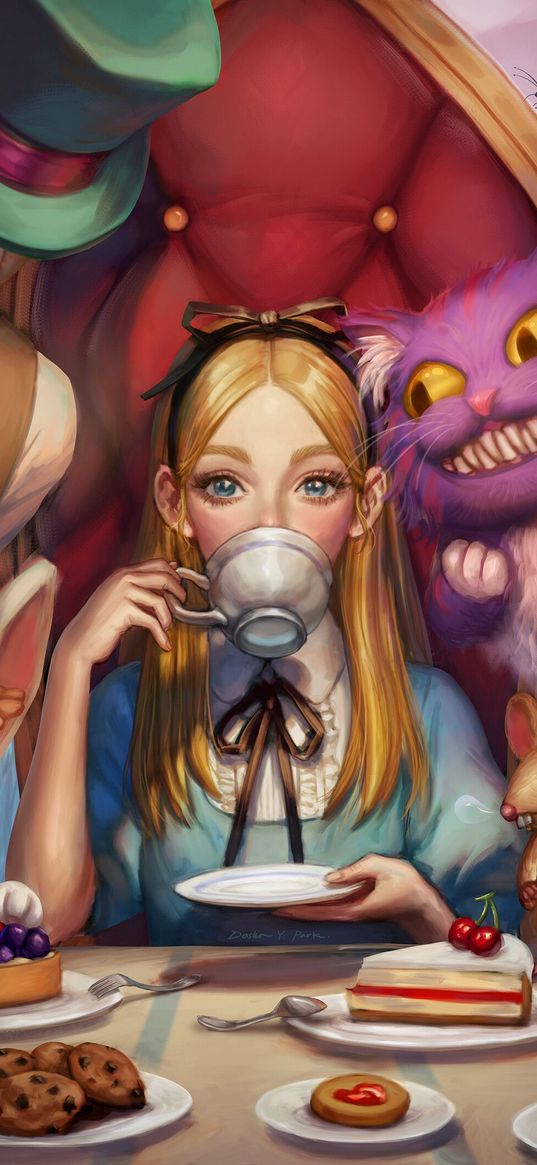 alice, hatter, cat, art, cartoon, girl