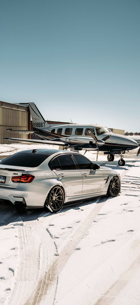 bmw, bmw m3, car, airplane, snow, winter, sky