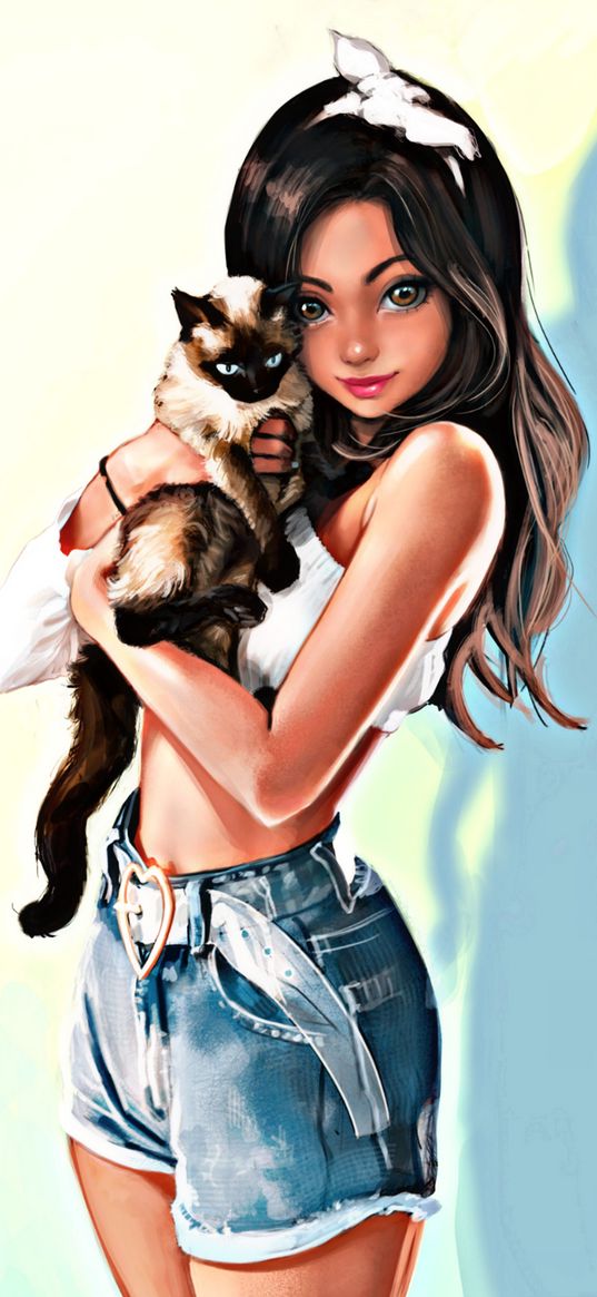 girl, brunette, cat, art