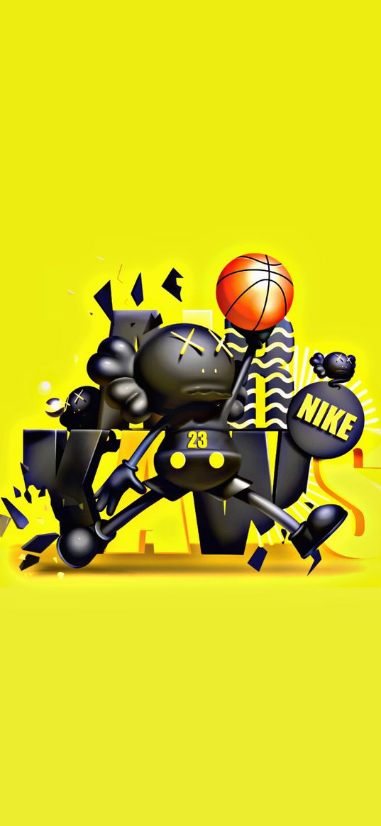 man, kaws, black, ball, nike, yellow, abstraction