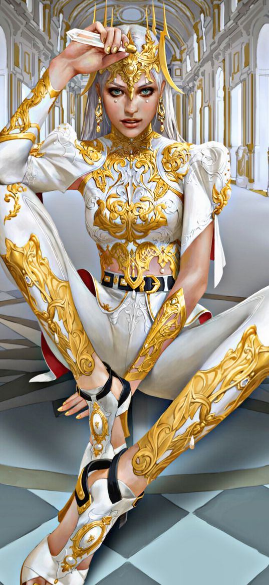 girl, crown, palace, dress, pattern, white, gold