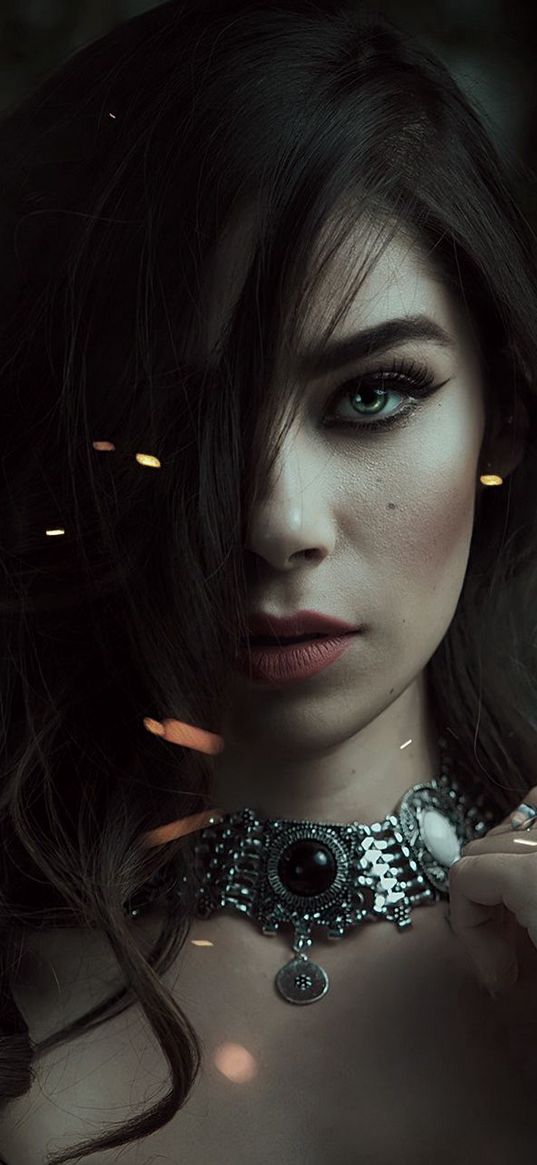 girl, eyes, sparks, magic, necklace