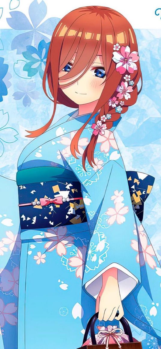 miku nakano, five brides, anime, girl, kimono, flowers