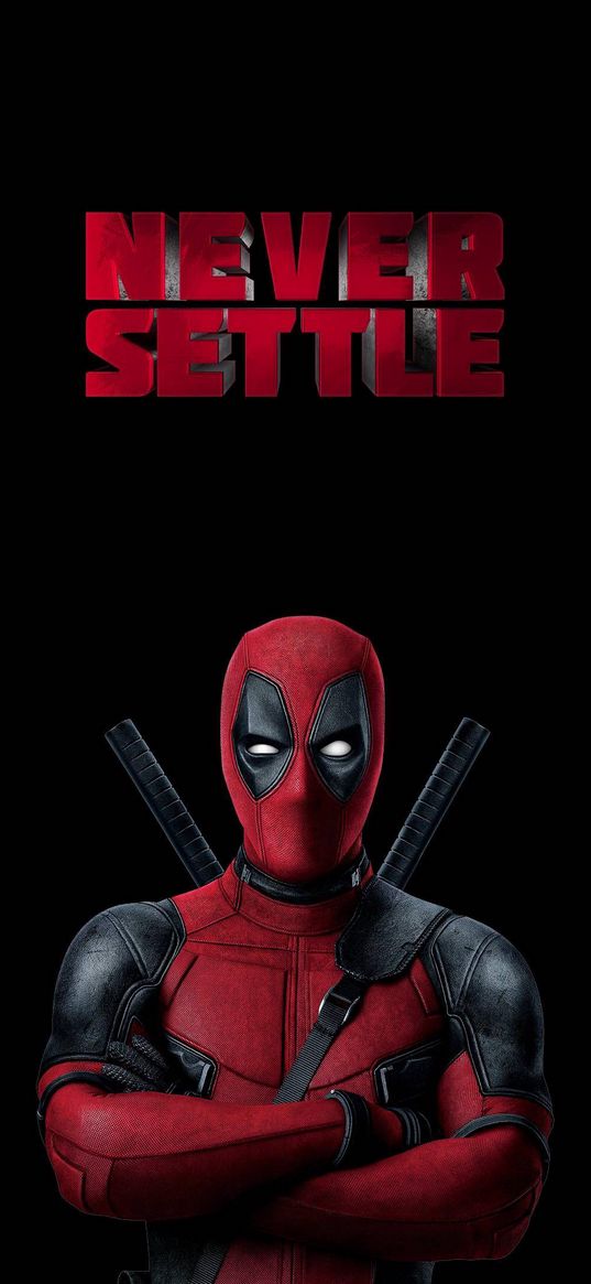 deadpool, superhero, marvel, text, never settle, black