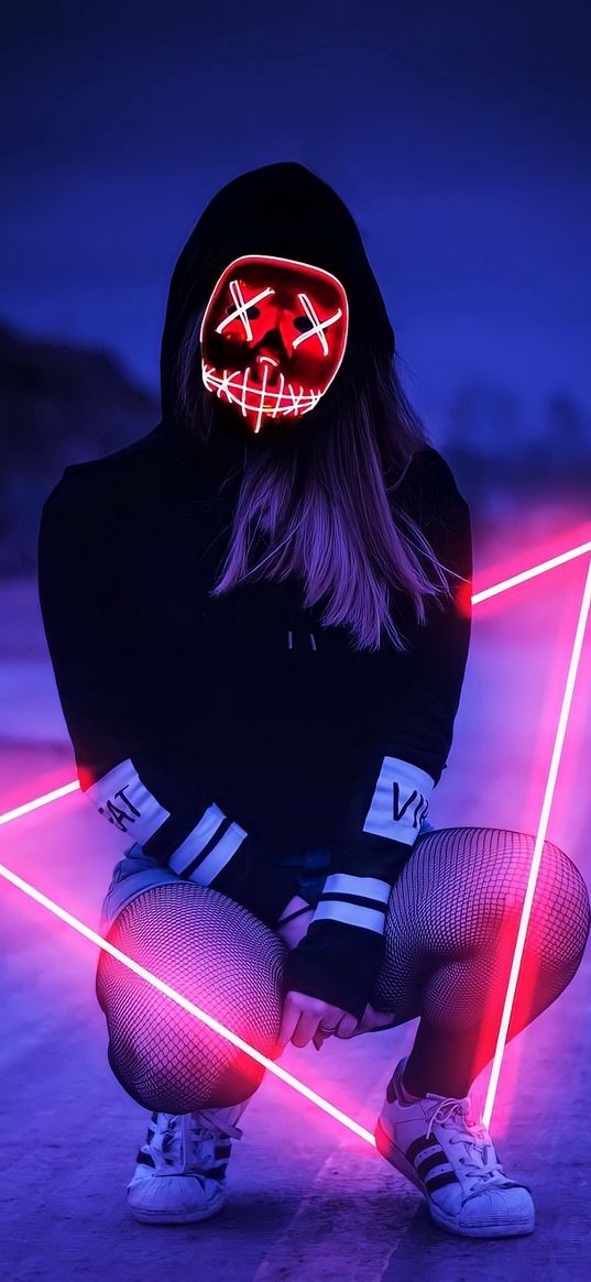 girl, mask, triangle, hood, neon, glow