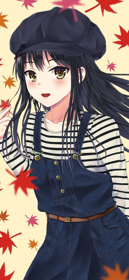 girl, beret, leaves, anime