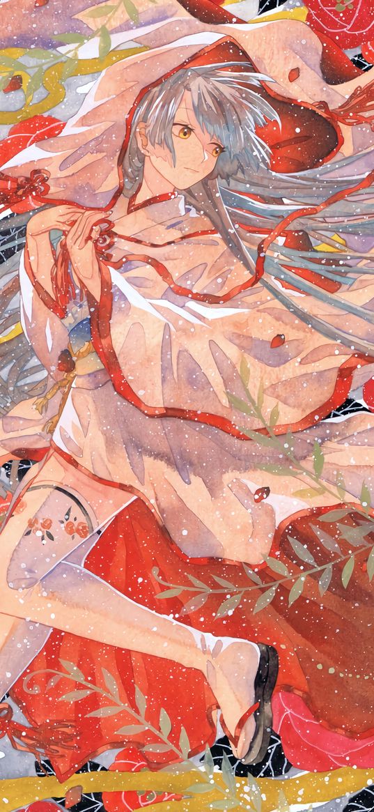 girl, raincoat, watercolor, anime