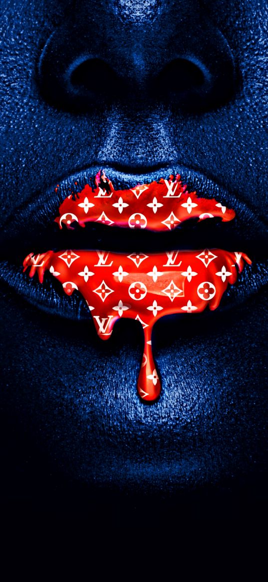 lips, mouth, nose, girl, louis vuitton, blue, red, digital art