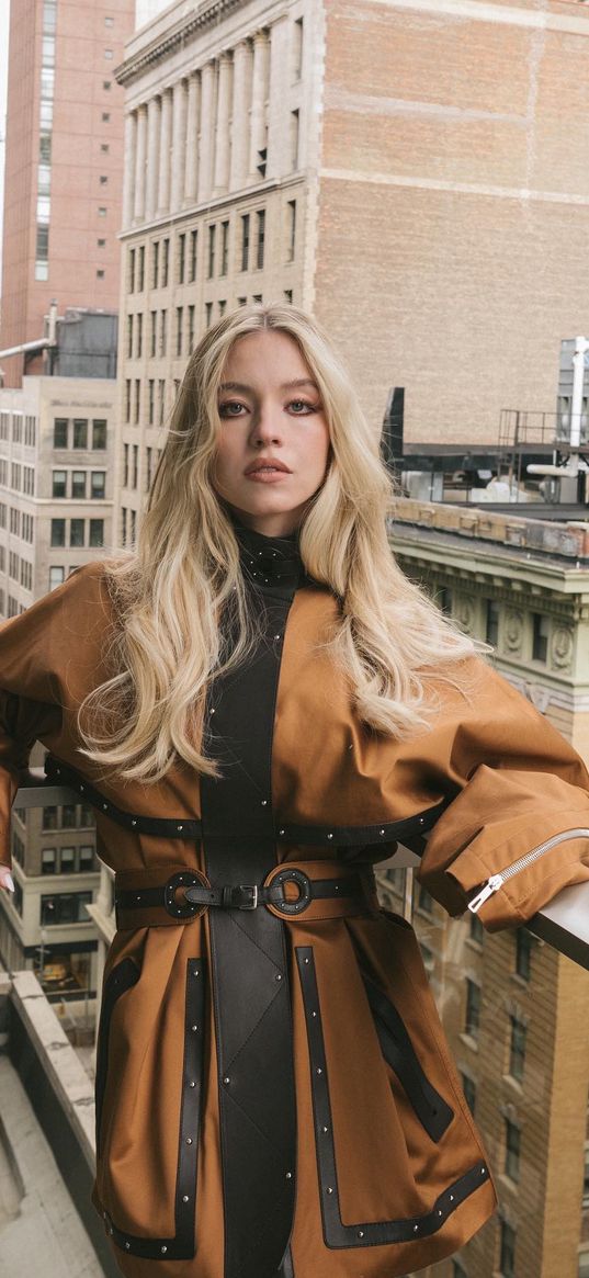 girl, model, beautiful, coat, balcony, skyscrapers, city