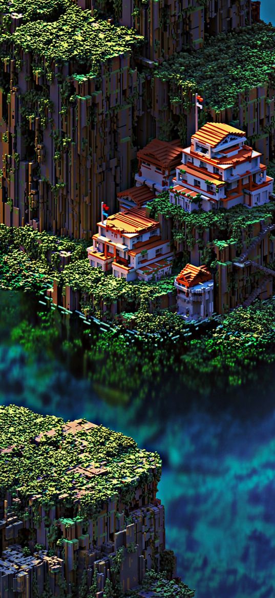 mountains, island, houses, greenery, fantasy, digital art