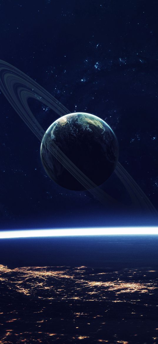 saturn, planet, stars, atmosphere, horizon, city, night