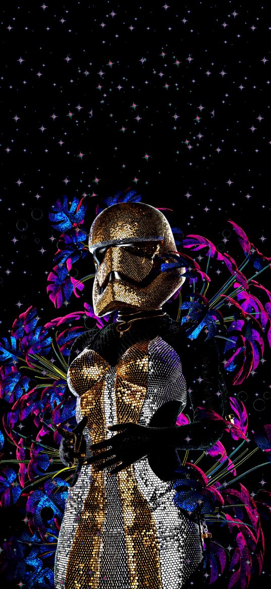 stormtrooper, star wars, girl, helmet, flowers, glitter, digital art