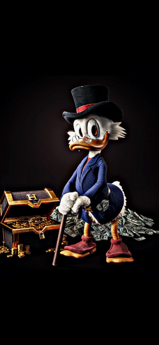 scrooge mcduck, character, duck, cartoon, disney, chest, gold, dollars, black background, digital art