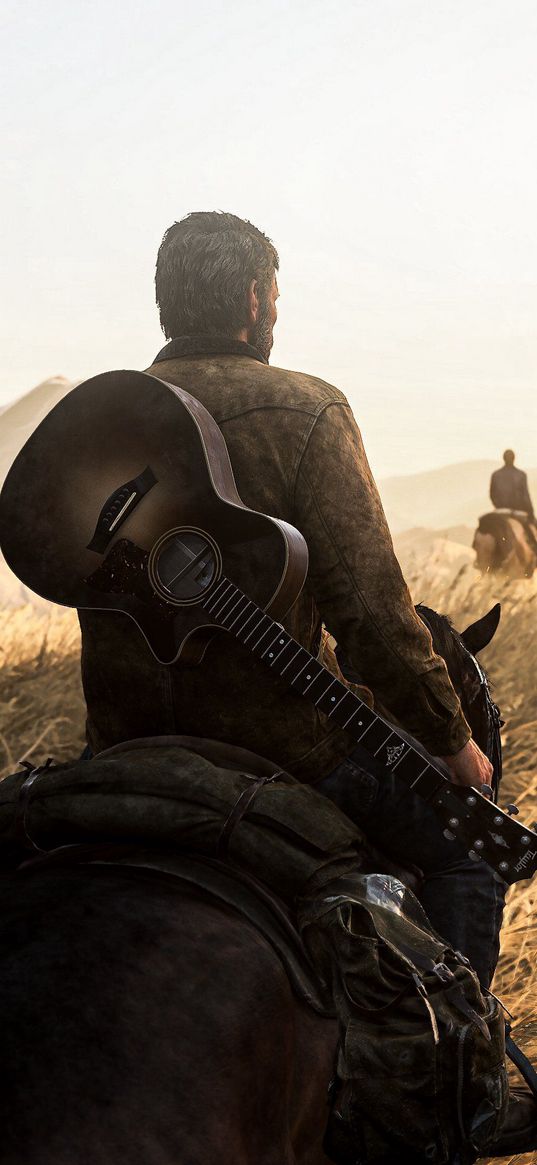 the last of us 2, game, character, field, guitar, horse