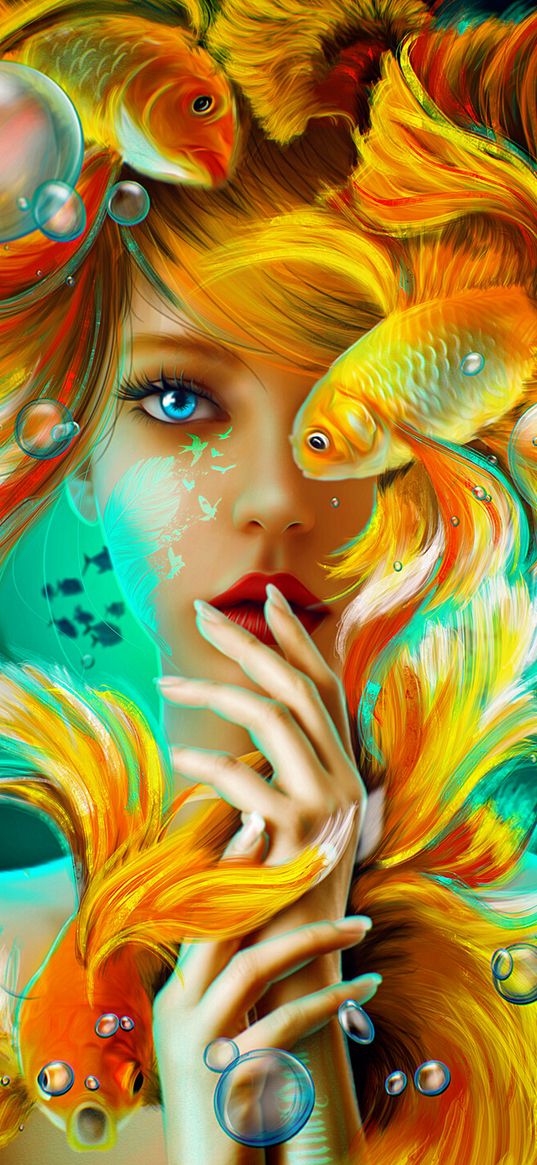 girl, redhead, blue eyes, water, fish, gold, digital art